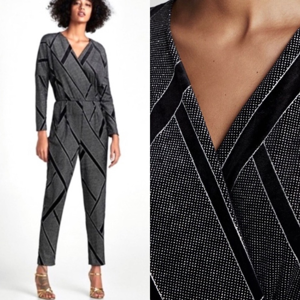 ZARA BLACK VELVET JUMPSUIT WITH GEOMETRIC PATTERN AND SILVER RHINESTONES